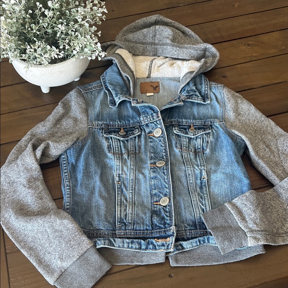 American Eagle Outfitters Blue Denim Jacket with Gray Hooded Sleeves